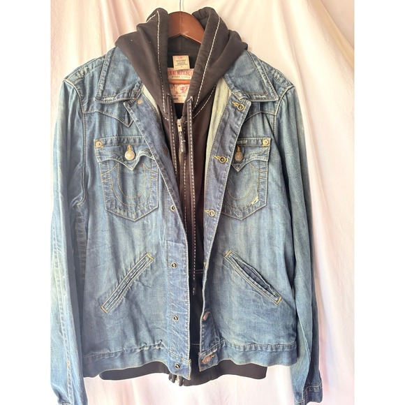 True Religion Johnny Denim Jacket Mens XL Blue 2-in-1 Layered Hoodie Zip Up Jean